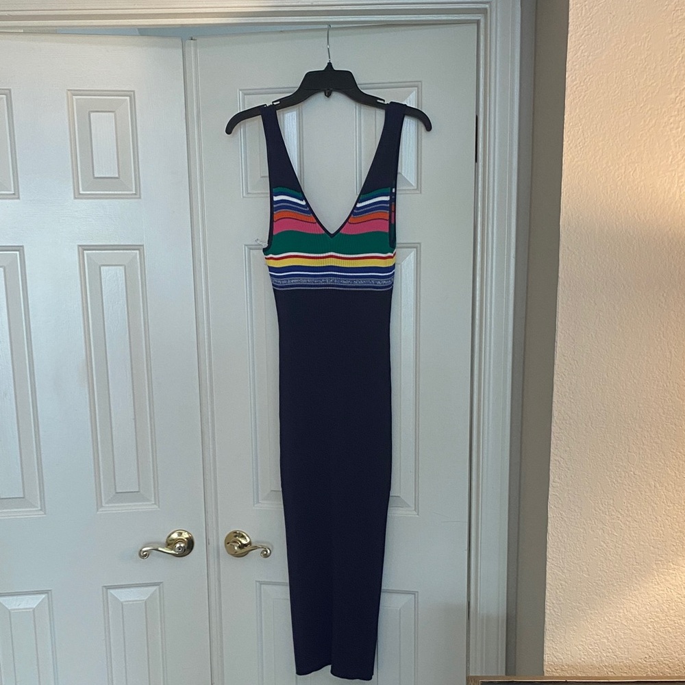 STAUD Navy Dress with Multicolor Stripes